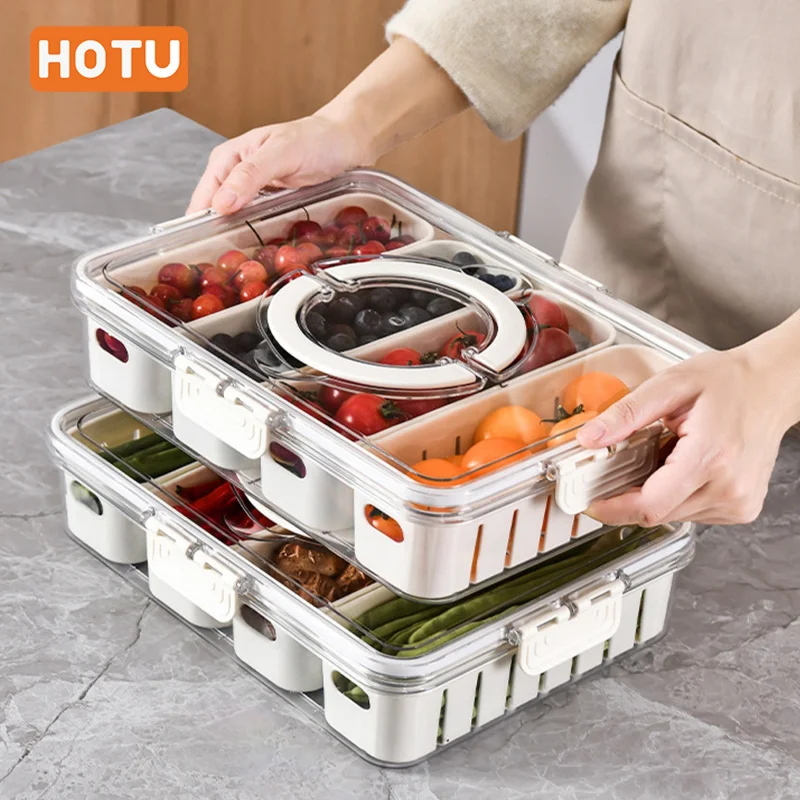 

4-секционный контейнер для холодильника HOTU с крышкой - ящик для хранения фруктов и овощей - сушилка для хранения свежести для дома, кемпинга, приготовления еды - прочный
