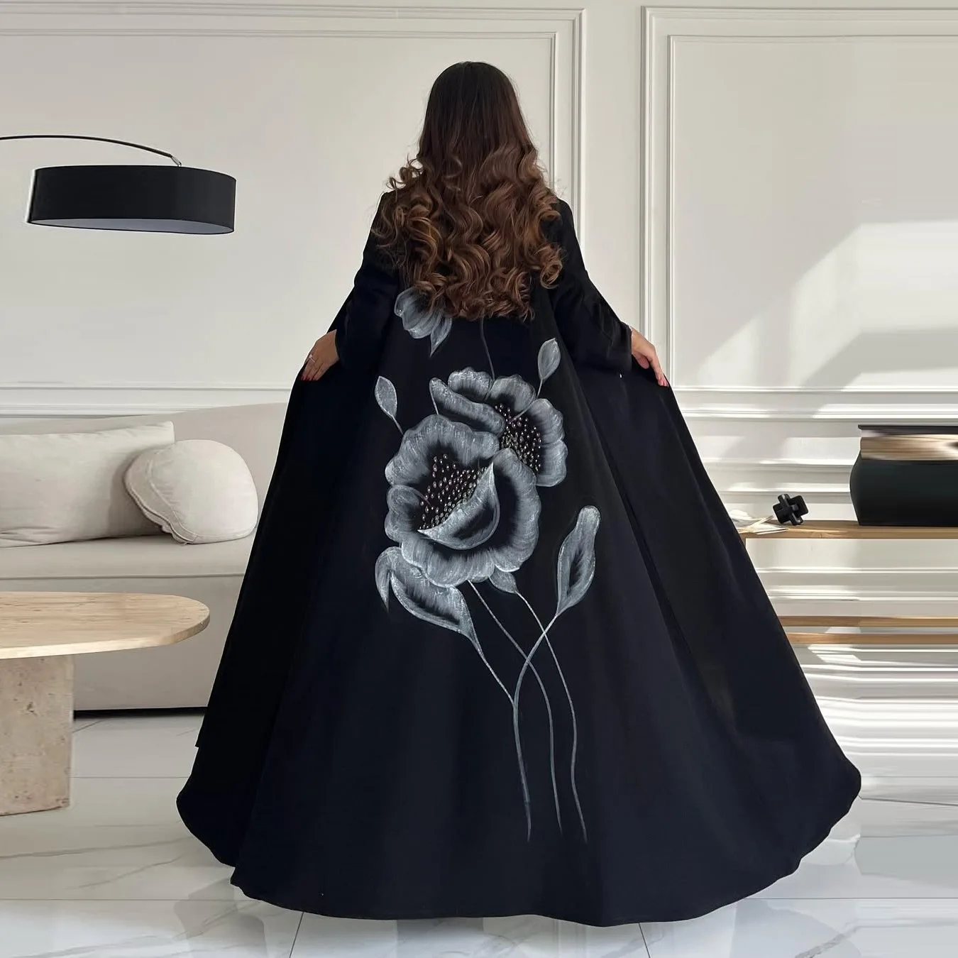 Modest Open Abaya Women Kaftan Muslim Dress Printed Rhinestone Beaded Middle East Islamic Clothing Abaya Dubai Cardigan Robe