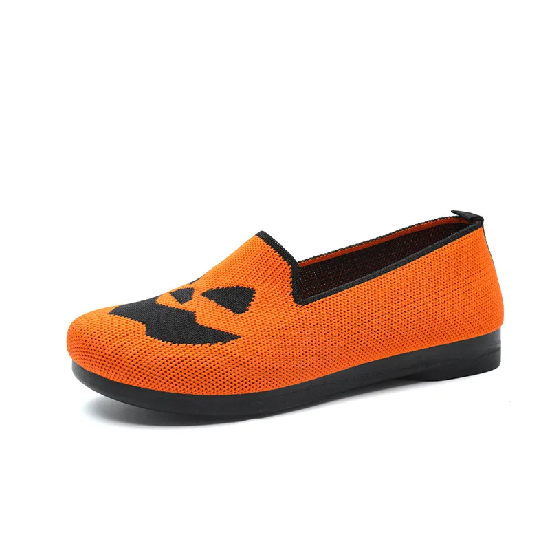 Women Knitted Casual Shoes Halloween Pumpkin Slip on Flat Shoe Breathable Round Toe Sneakers Lightweight Soft Sole Women Loafers