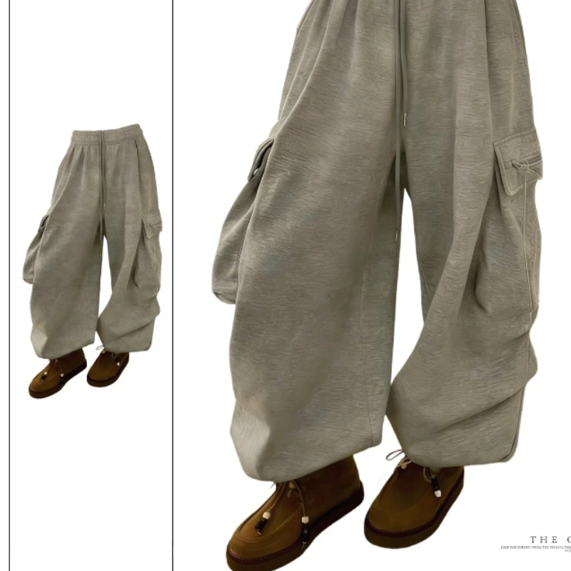 American Retro Design Gray Women's Sweatpants Autumn Winter Fashion High-end Drawstring Loose Versatile Wide-leg Trousers Girl
