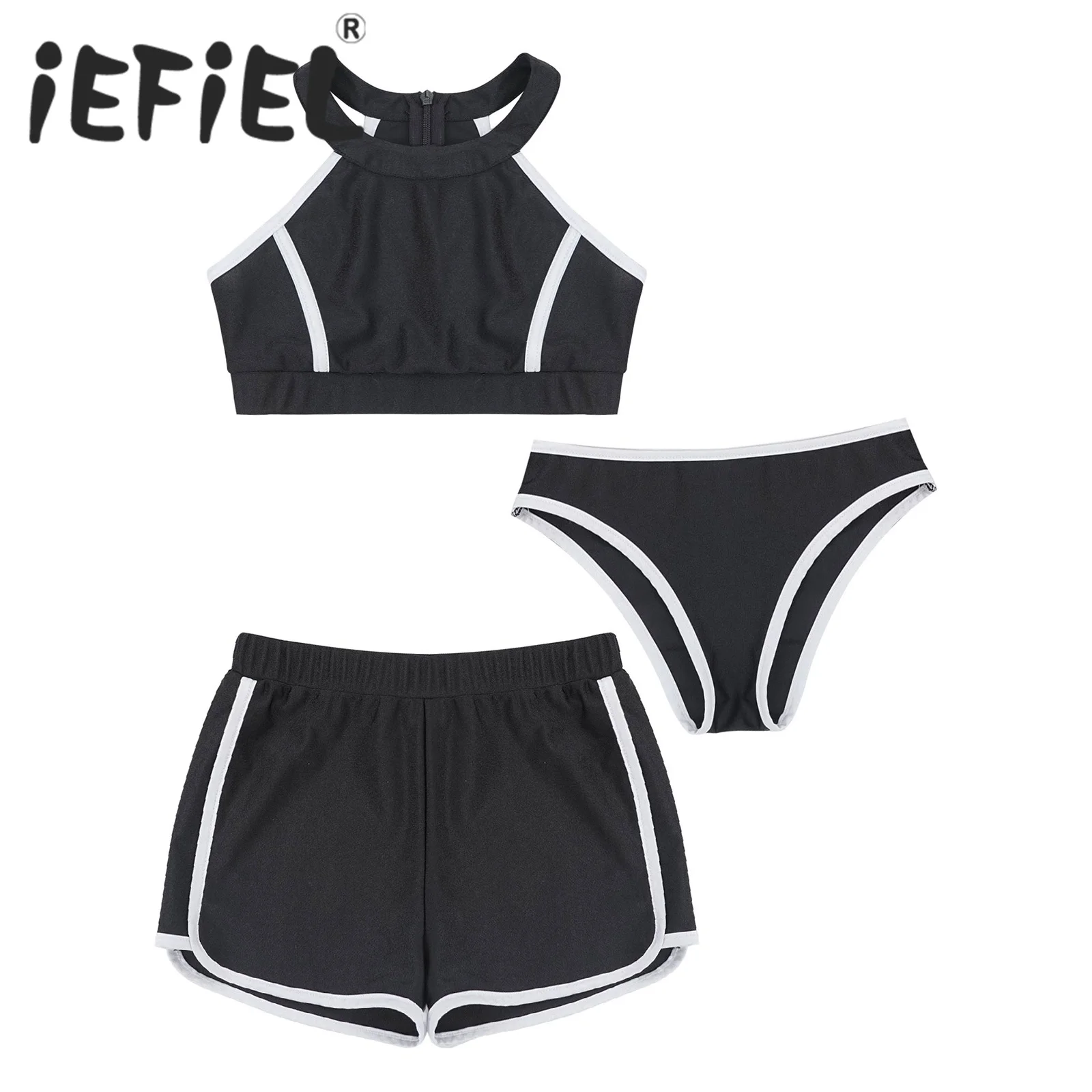 

3Pcs Kids Girls Sports Outfits Gym Running Fitness Crop Vest with Briefs and Shorts Set Ballet Dancewear Sets Swimsuit Swimwear