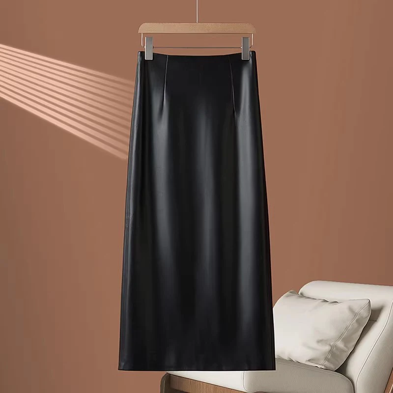 New Women Simplicity Split Leather Pencil Skirt Spring Autumn Fashion High Waist Package Hip Long Skirt Elegant Basic Skirt