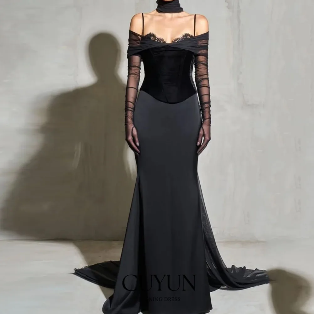 

CUYUN Black Lace Long Sleeves Evening Dresses Velvet Mermaid Prom Dresses Formal Occasions Vestidos De Fiesta Customized