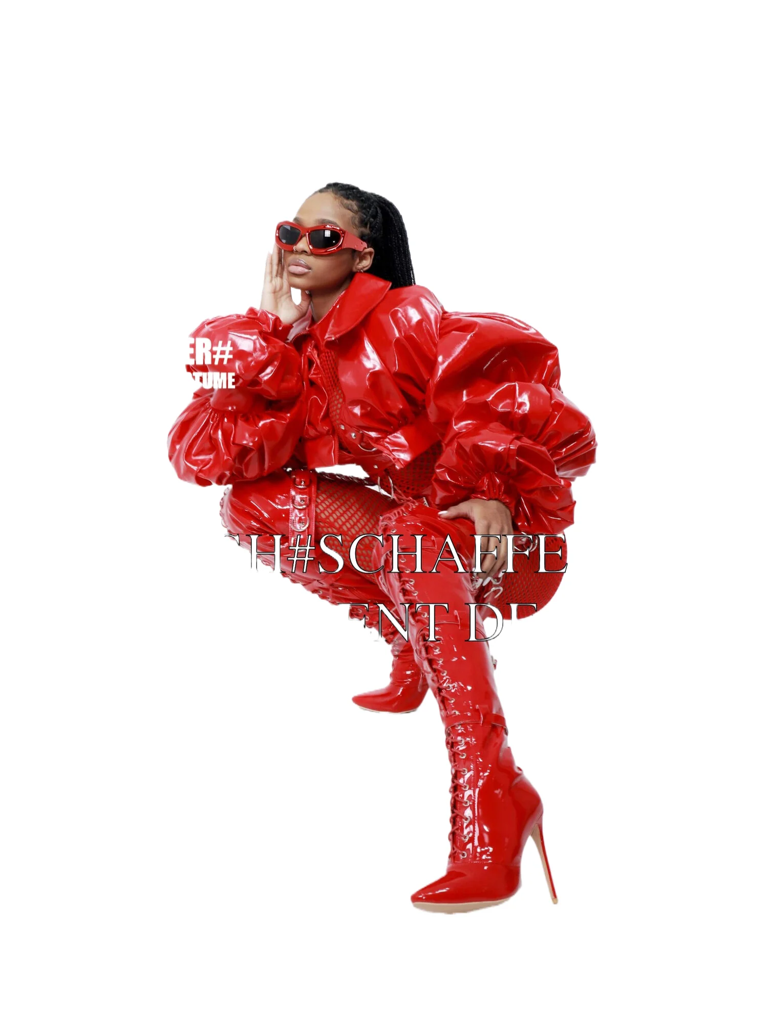 New Party Dancewear Women Bar Dance Costume Nightclub Rave Outfit Red PU Coat  Women Gogo Dance Clear Mesh Jumpsuit Set