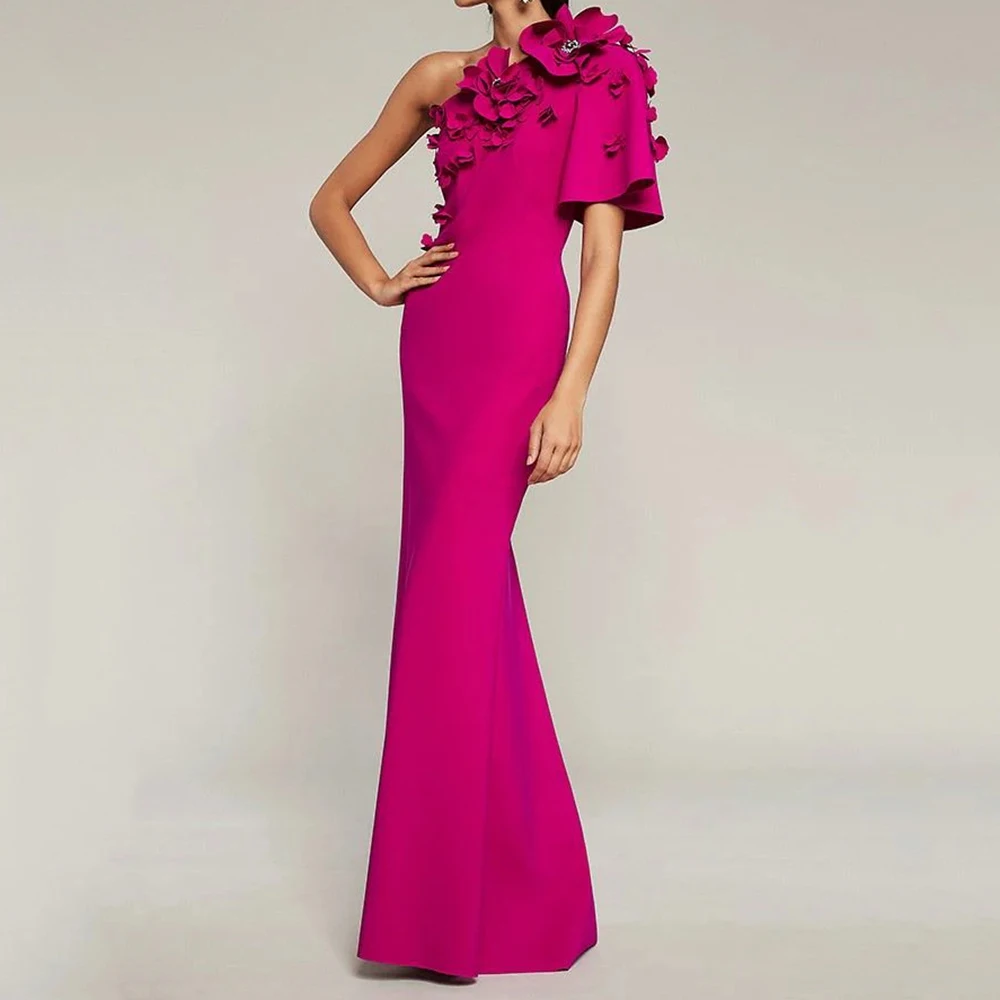 

Customized Mermaid Evening Dresses Floor-length One-shoulder Short Sleeve Prom Gown Fashion Flowers Crystal Draped Party Gown