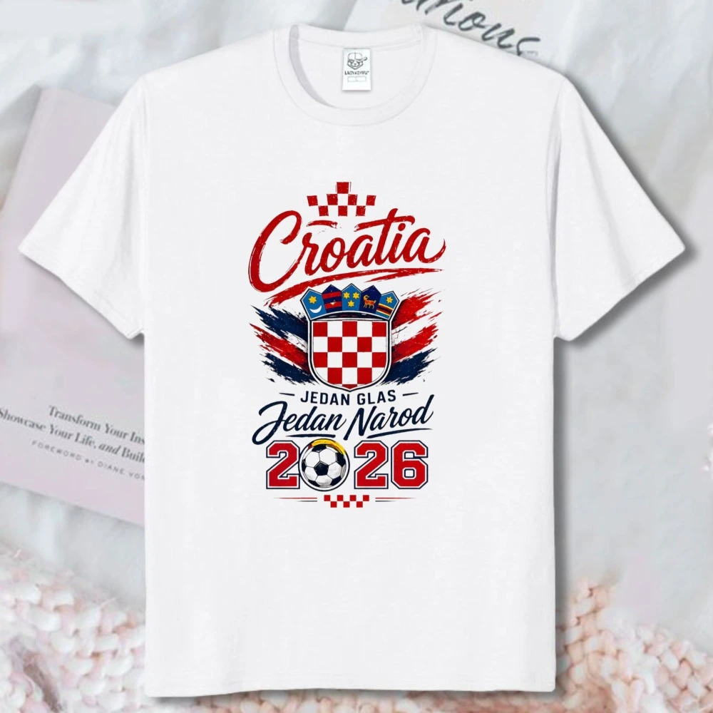 Unisex Croatia Crest 2026 Football Graphic Shirt Red Text Checkered Shield Crown Soccer Ball Jedan Narod Black Crew Neck Slim Fi