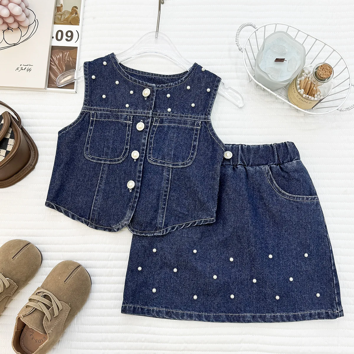 Summer Girls' Denim Skirt Set 2026 New Nail Beaded Tank Top Cardigan Top A-line Short Half Skirts Retro Cowboy 2 Piece Outfit