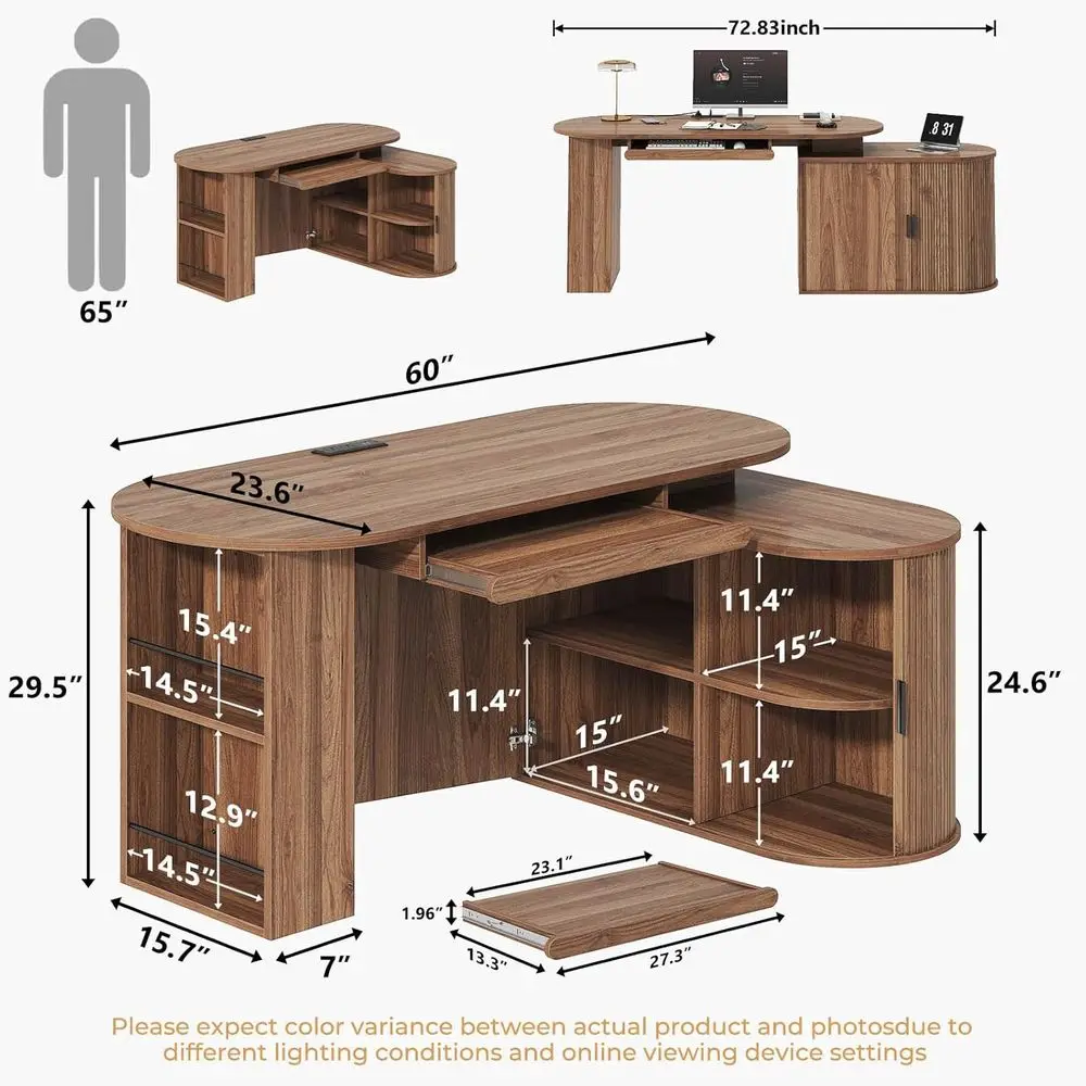 L Shaped Computer Desk with Storage Cabinet, Reversible L Desks with Keyboard Tray and Open Shel, Home Office Executive Desk wit