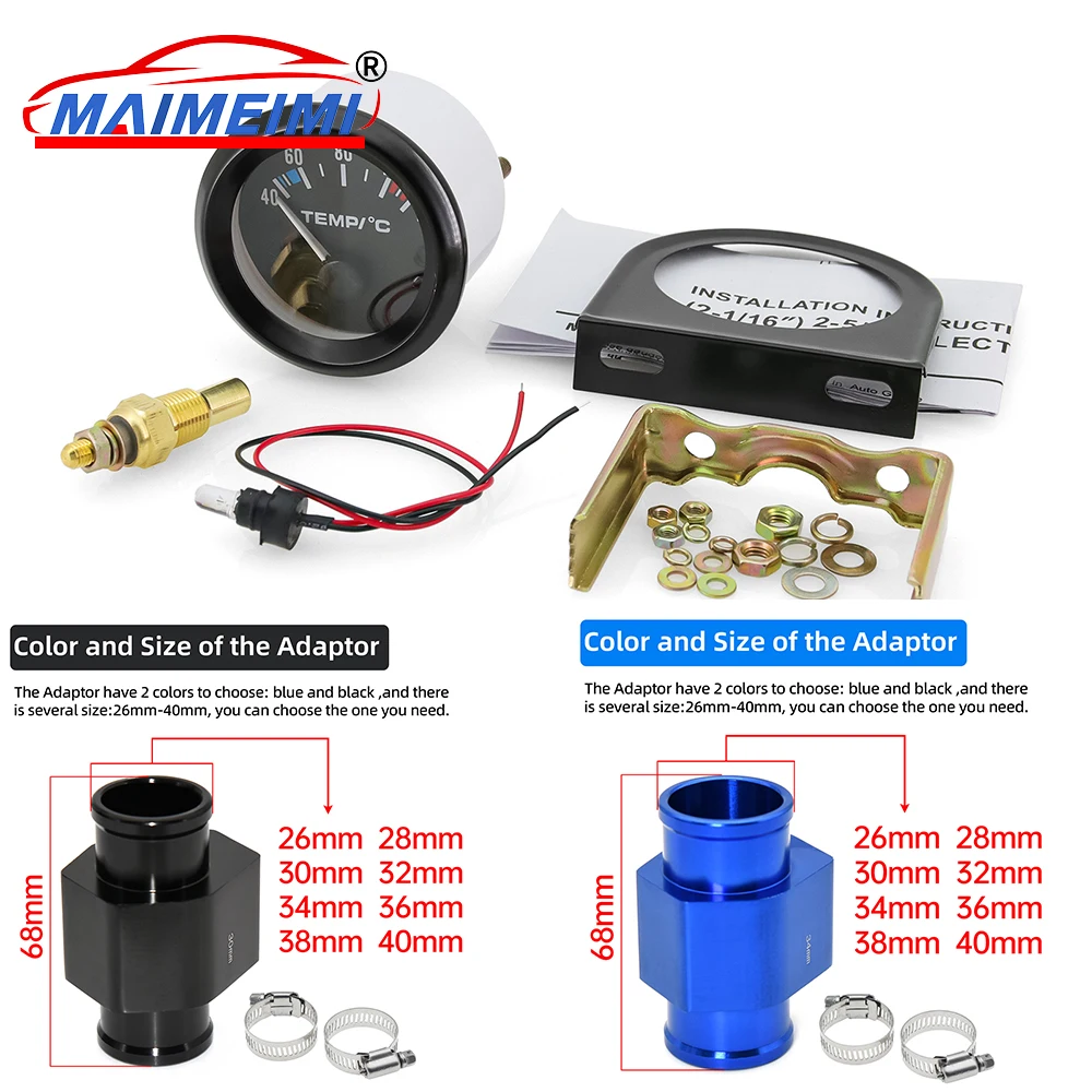

Car 52mm Water Temperature Gauge 40-120 Celsius With 1/8NPT Sensor +26mm-40mm Adaptor Joint Pipe Radiator for car boat