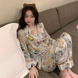 Woman Pajamas Set Satin Silk Sleepwear Two-Piece Pyjamas Long-Sleeved Ice-Silk Loungewear Simple Cardigan V-Neck Loungewear Set