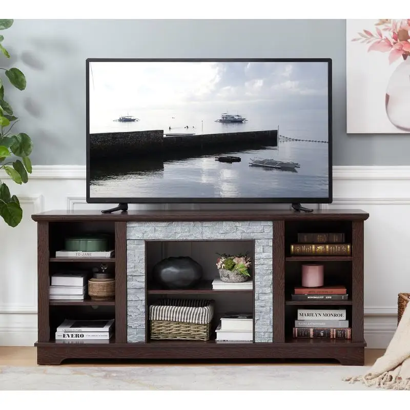 

Modern TV Stand with Faux Stone Surround, Entertainment Console with Open Storage, Cherry Finish, 58.31" W x 15.39" D x 26.06