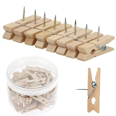 50 PCS Push Pin with Wooden Clips, Durable Wooden Push Pins, Decorative Pushpins Tacks Thumbtacks, Tacks for Cork Board Artwork