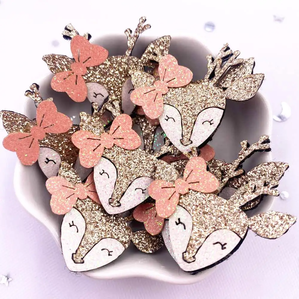 10pcs Felt Fabric Colorful Glitter Bepowder Cartoon Bowknot Golden Deer Patch Applique Sewing DIY Hair Bow Craft Supplie XE810