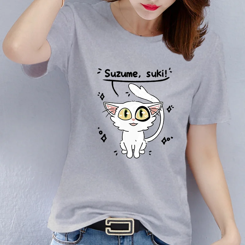 cotton  100% Anime Suzume Suki White Cat Print T Shirt Women Cute Cartoon Graphic Short Sleeve Casual Summer Red Tee