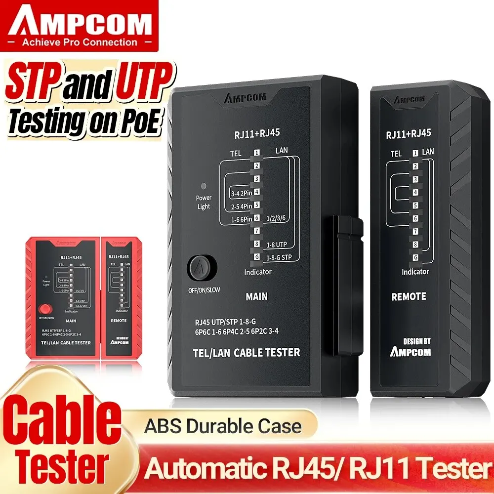 AMPCOM Network Cable Tester, RJ45 Networking Lan 8P8C POE Anti Burn RJ11 Telephone Line Tester POE Protection HDM Repair Tools