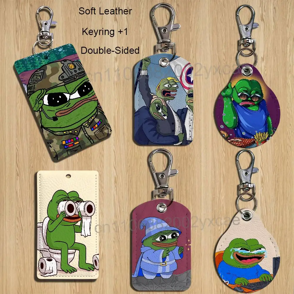 

meme cute Frog Pepe Rectangle ID Card Case Keychain Access Card Bag Key Tag Ring Leather Card Holder Key Ring Access