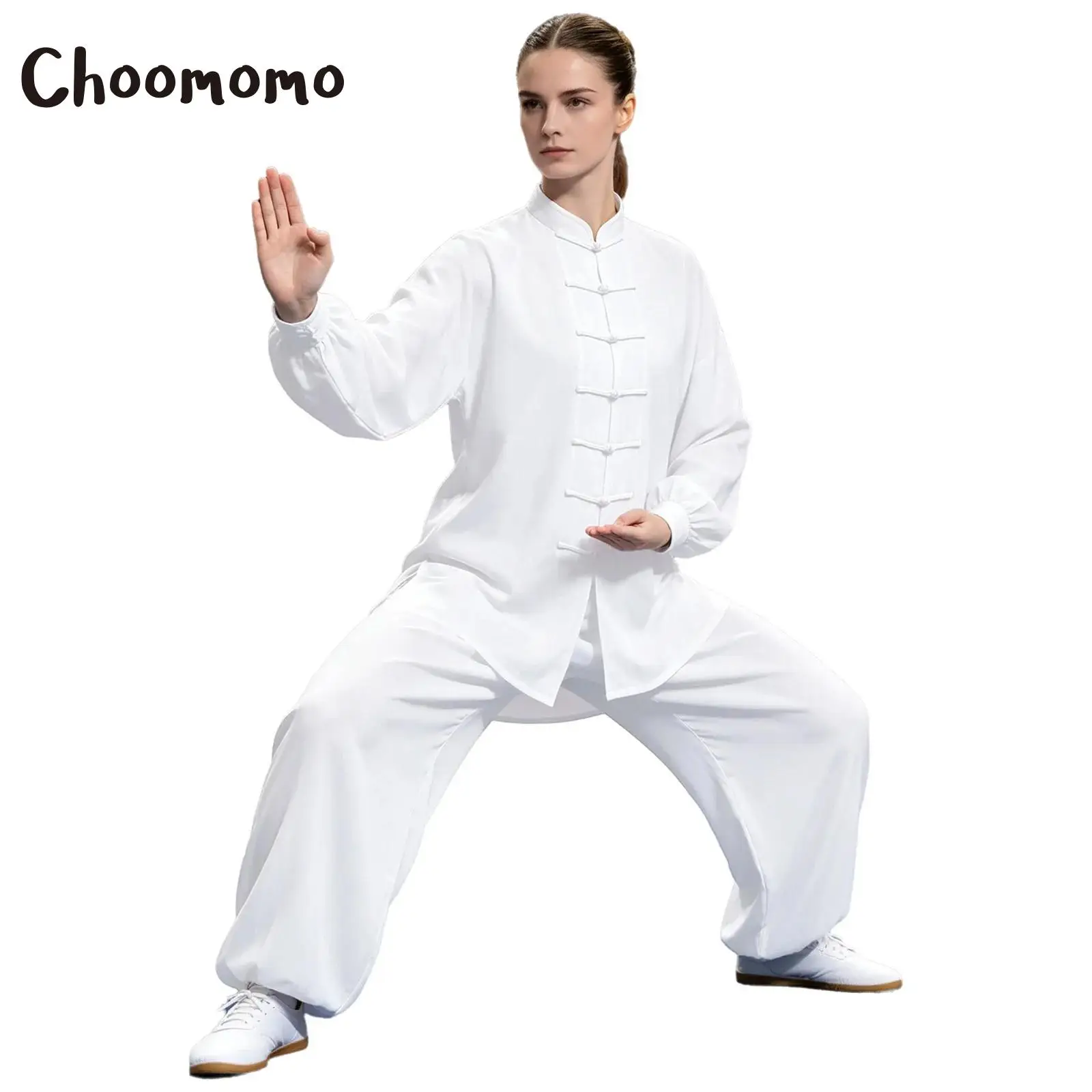 Unisex Womens Mens Tai Chi Uniform Mandarin Collar Frog Buttons Long Sleeve Shirt And Long Pants Set for Kung Fu Martial Art