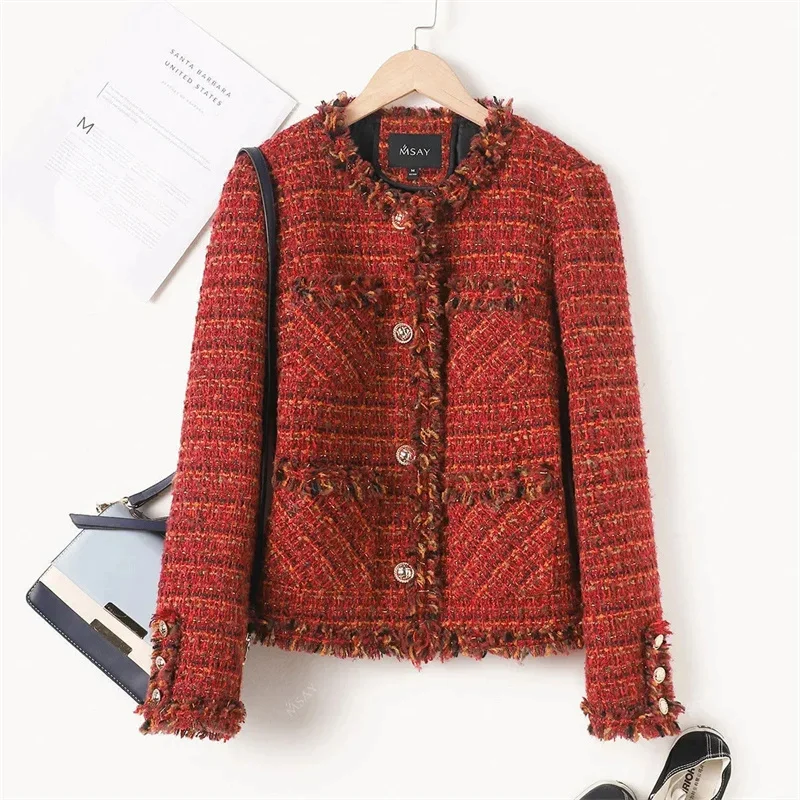 2024 New Autumn Winter Korean Short Tweed Coat Women Long Sleeve Vintage Wine Red Casual Jackets Female Plaid Outerwear Overcoat