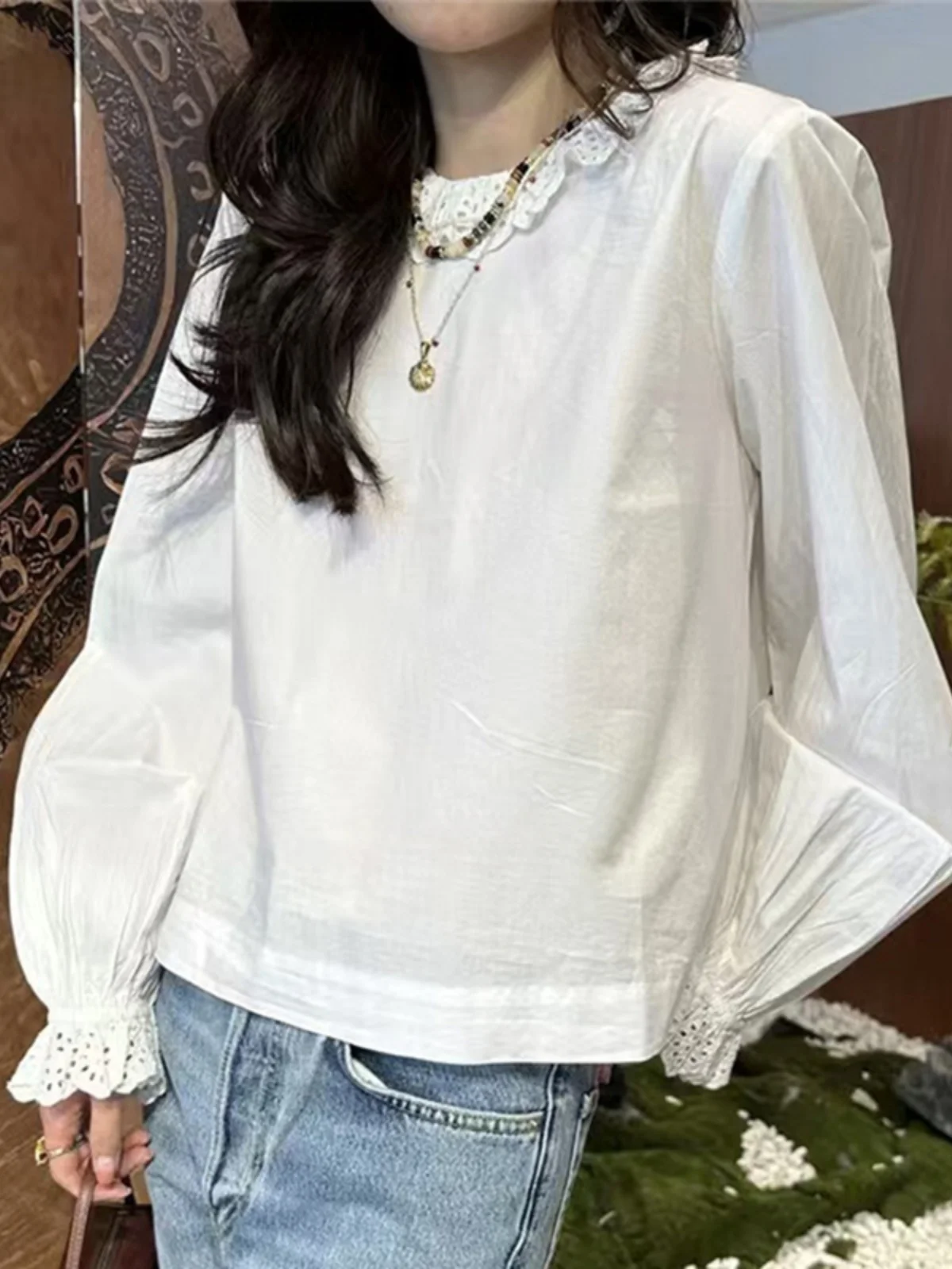 

Женская базовая блузка MaSande с цветочным кружевным воротником и пуговицами, прямого кроя, с длинными рукавами, осенне-зимняя коллекция