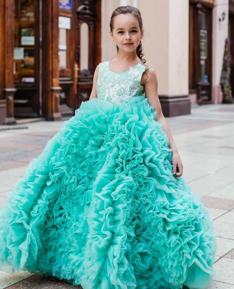 Customized Girl's Princess Dresses Tiered Tulle Lace Top Flower Girl Kid Birthday Dress Pageant Gown Kids Costume