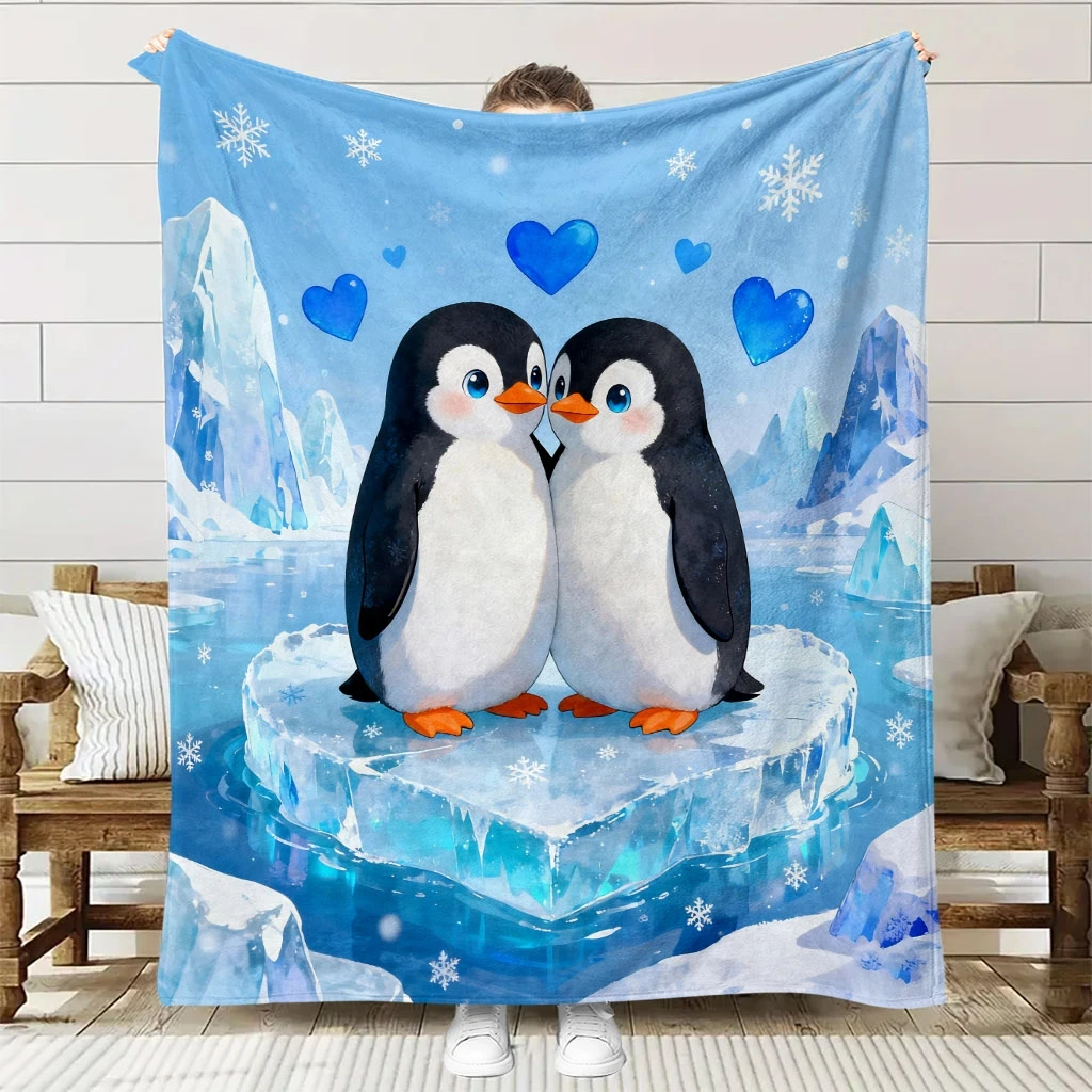 1pc Soft Ice Penguin Couple Theme Flannel Blanket | High-Definition Digital Print, All-Season, Soft and Breathable,  Polyest