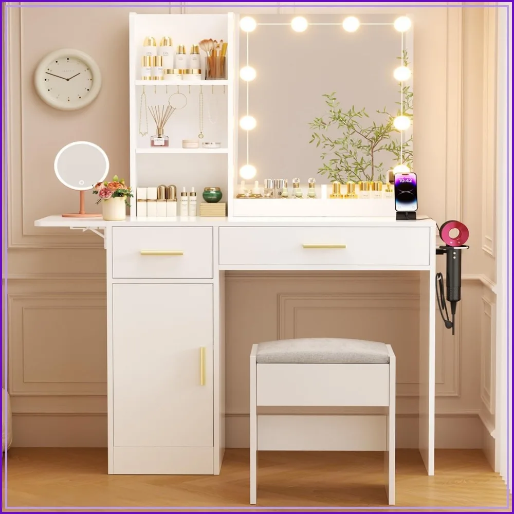 43 inch Vanity Desk with Mirror and Lights, Makeup Table with 9 Drawers, 3 Shelves, RGB LED, Black