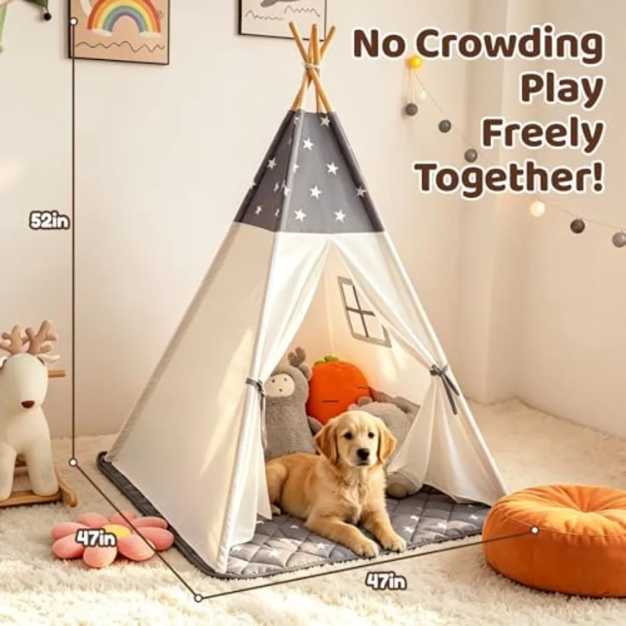 ' indoor-outdoor teepee tent for play, 100 cotton with star-patterned mat and colored flag, portable with carry bag, beige and