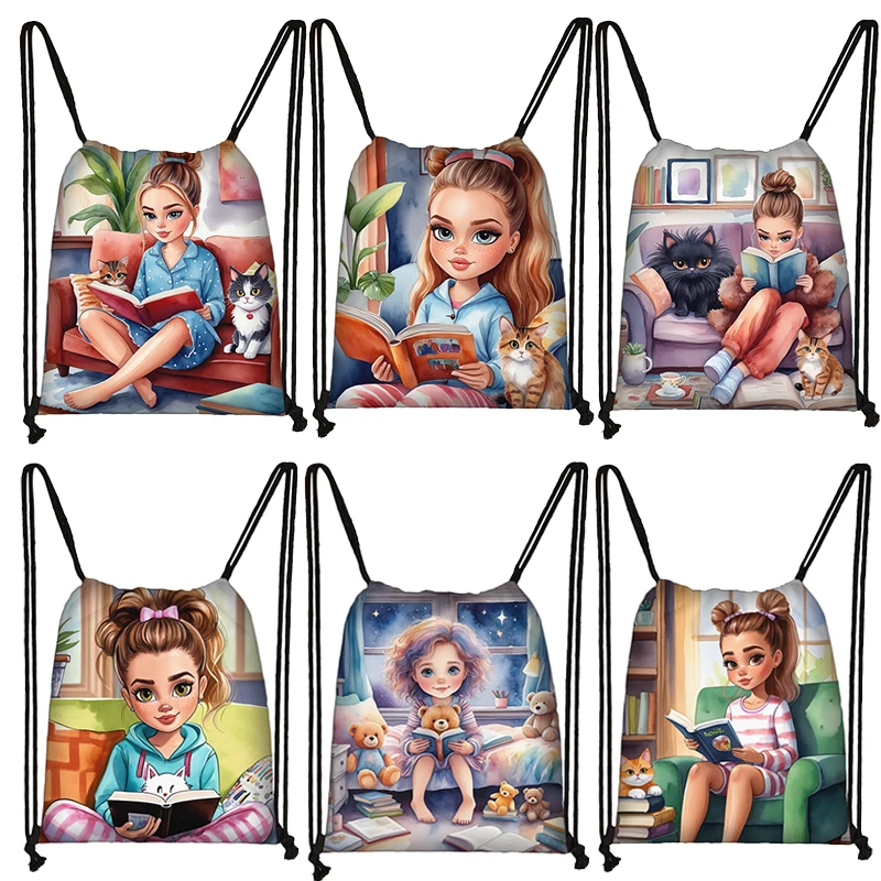 Cartoon Girl with Cat Reading Book Drawstring Bag Kids Backpacks Children Daypack School Bag Shoes Holder Bookbags Gift