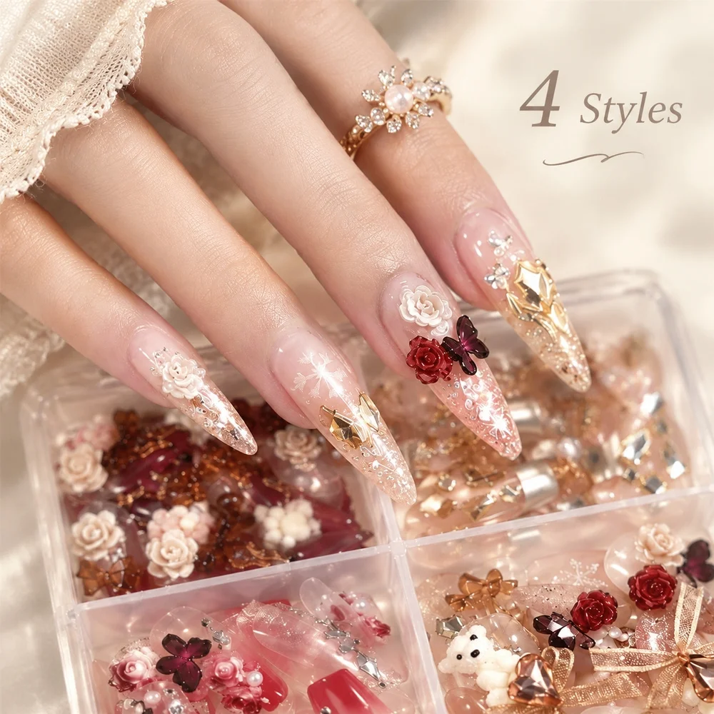 96Pcs Romantic False Nails Butterfly Rose Rhinestone Decor Reusable 4 Styles with 4-Grid Box for Date DIY Manicure Nail Art