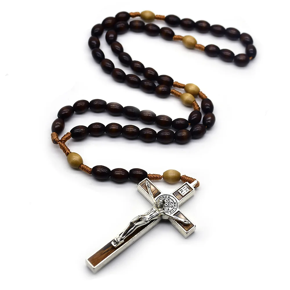 QIGO Dark Coffee Rice Shaped Wood Beads Rope Rosary Cross Necklace New Religious Jewelry