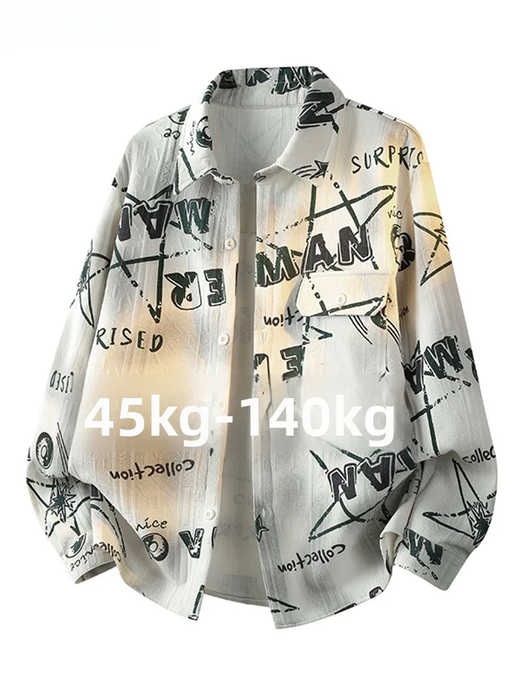 

Trendy American Large Size Men's Long Sve irt Spring Autumn Faion Print Texture Feeling Collarl Coat Youth Polyeste...