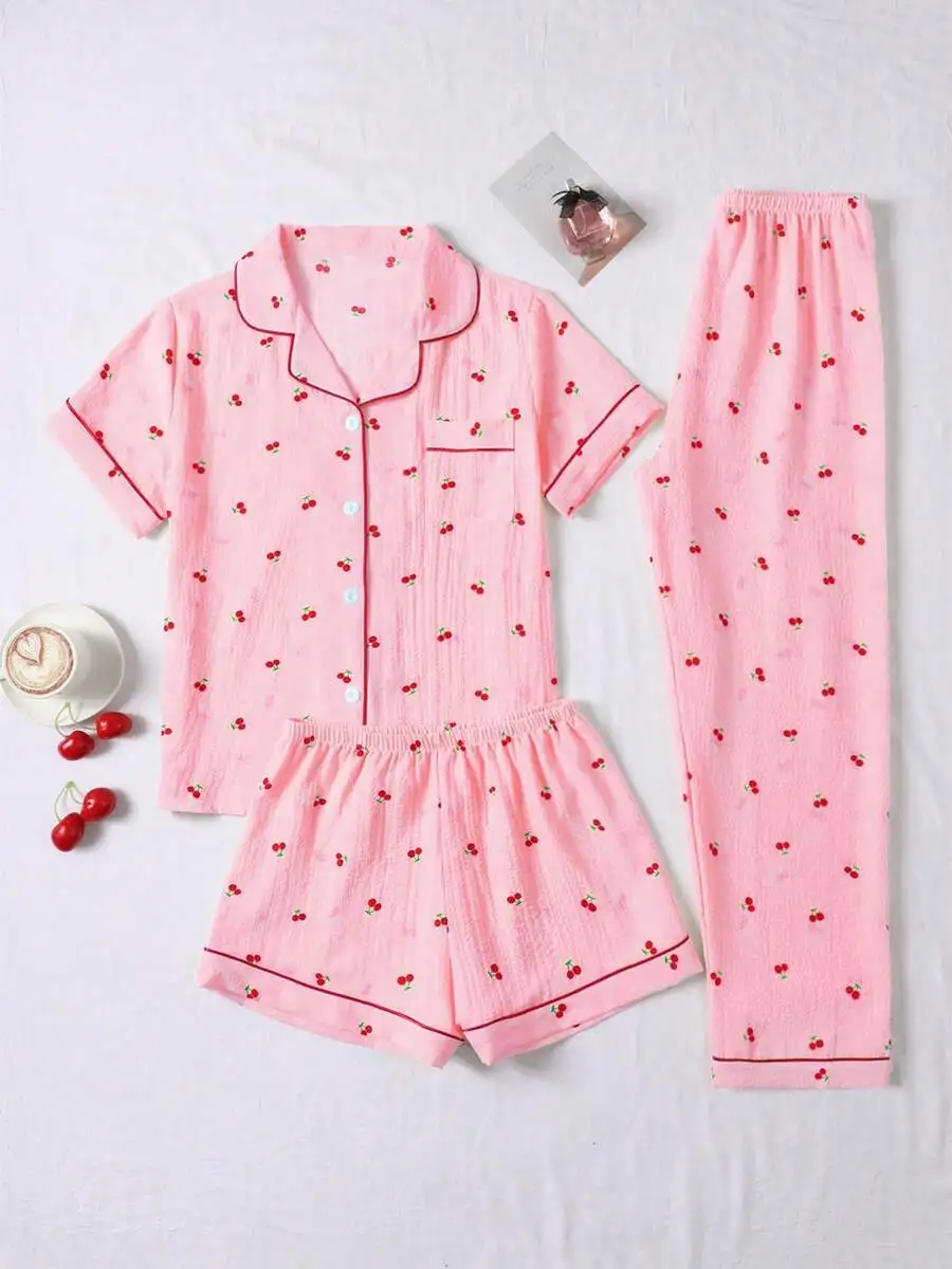 

3-Piece Bubble Crinkle Cherry Print Women Pajama Set Short Sleeve Button Collar Top Shorts And Long Pants