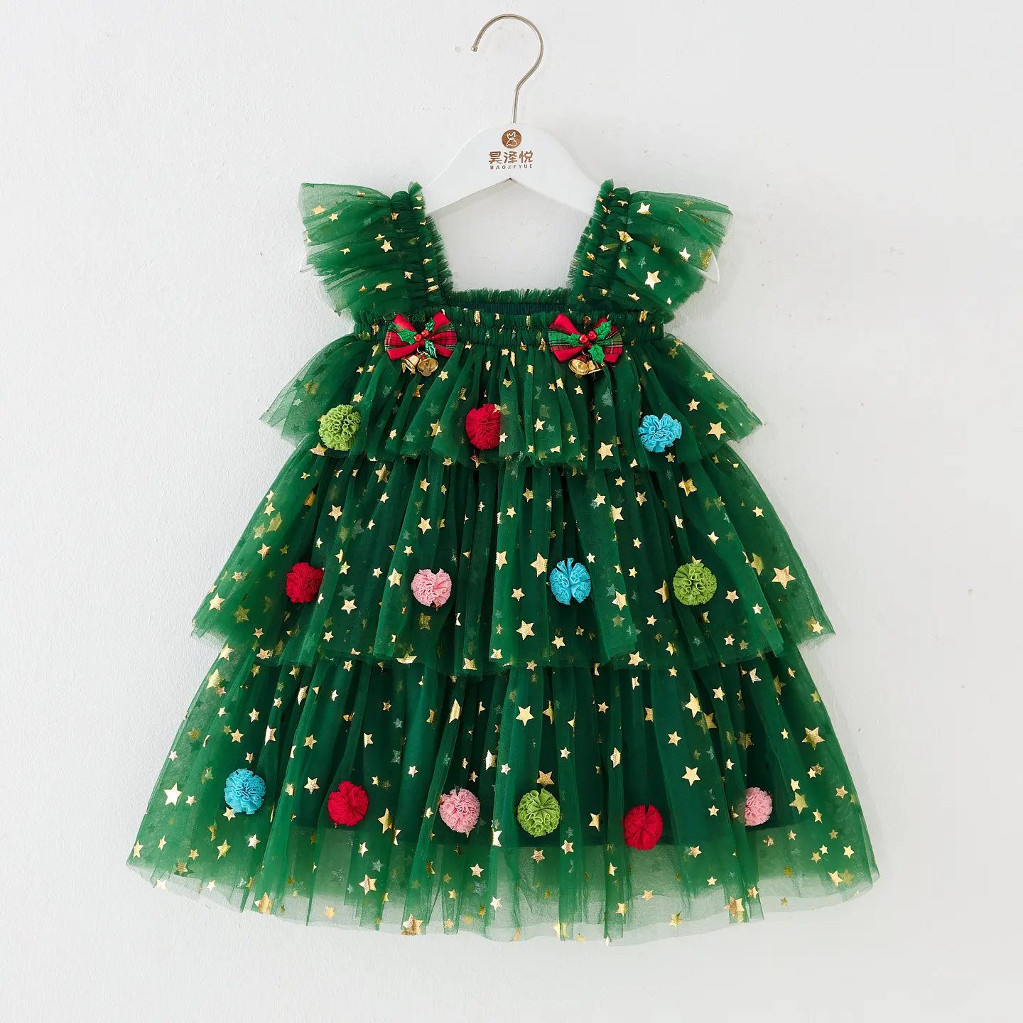 Girls Christmas Princess Dress Star Tulle Ball Gown Flutter Sleeve Cake Layer Party Outfit Kids Holiday Tutu Dress