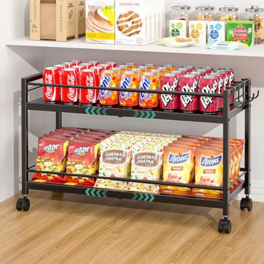 

2-Tier Expandable Rolling Pantry Cart with Wheels Adjustable Floor Organizer for Kitchen Pantry Can Organizer for Pantry Storag