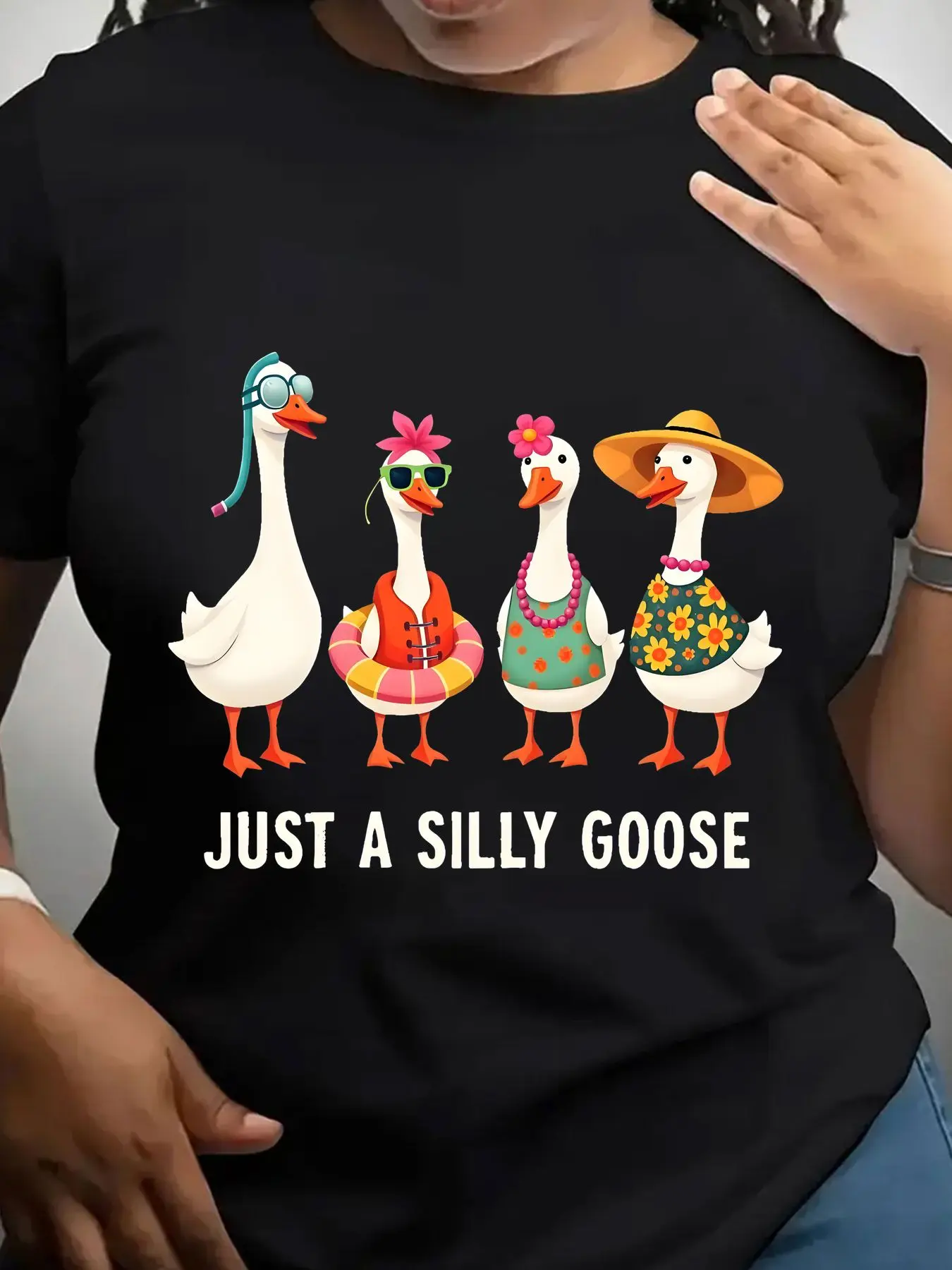 Women's Trendy Crew Neck T-Shirt Just a Silly Goose Print Suitable for Casual Sportswear
