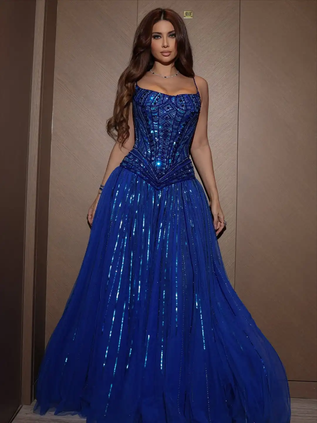 

Ofherown Royal Blue Sequin Bead Evening Dress Spaghetti Straps Corset Prom Gown Sparkly Party Maxi Dress for Wedding Guest Gala