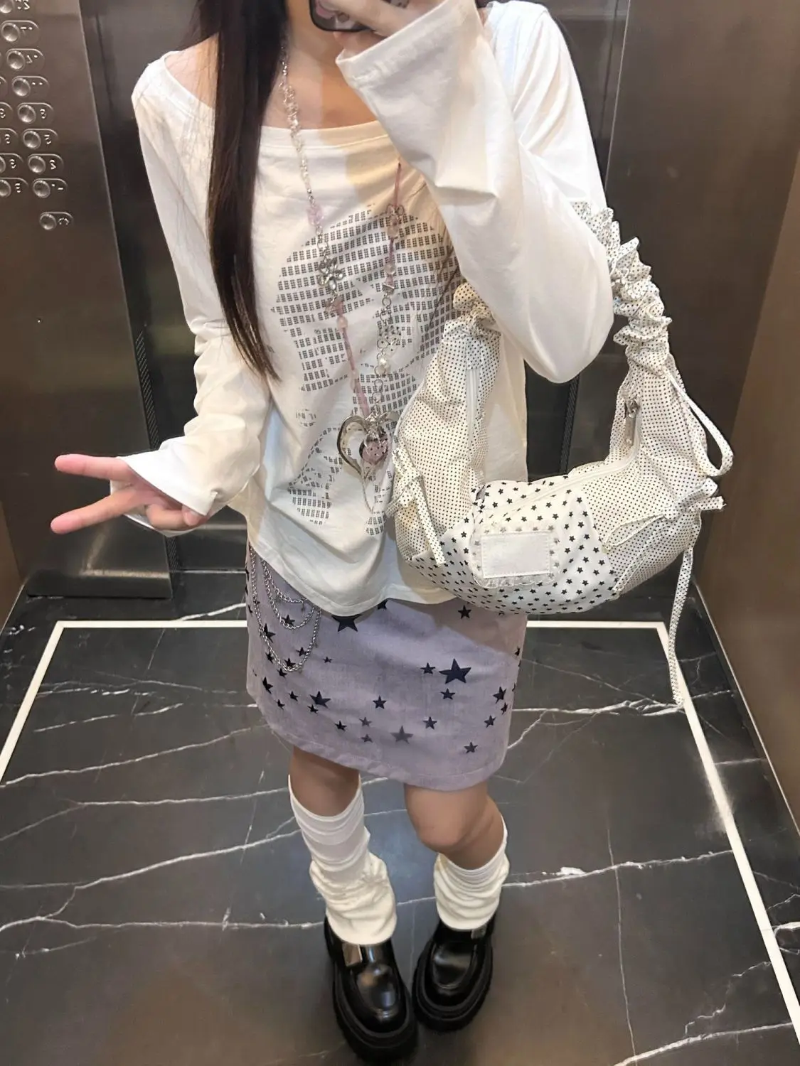 

Women's White Long Sleeve T-Shirt Cute Cartoon Print Casual Top for Fall Comfortable Cotton YK Style Shirt Early Autumn Clothes