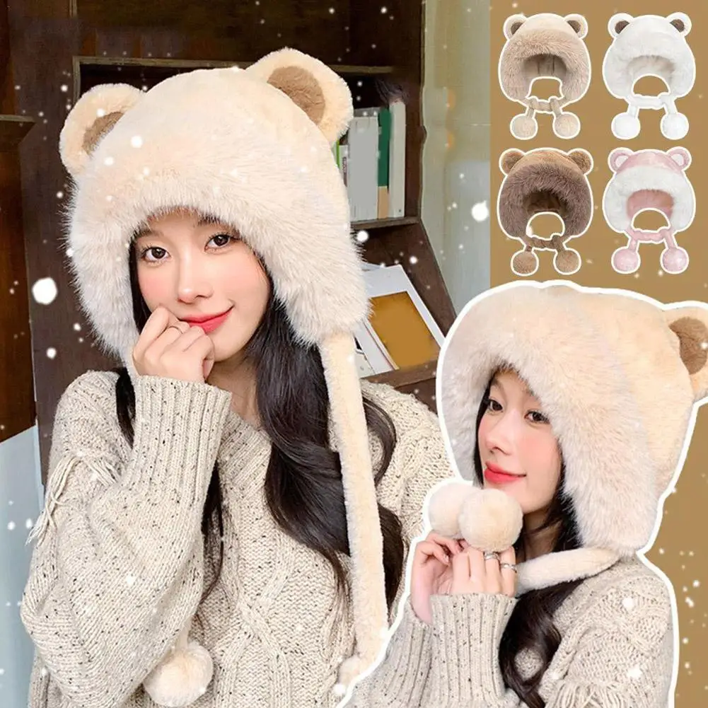 Winter Cute Fur Bucket Hat With Bear Ears Soft Warm Thickened Fashion Outdoor Cycling Skiing Plush Hat