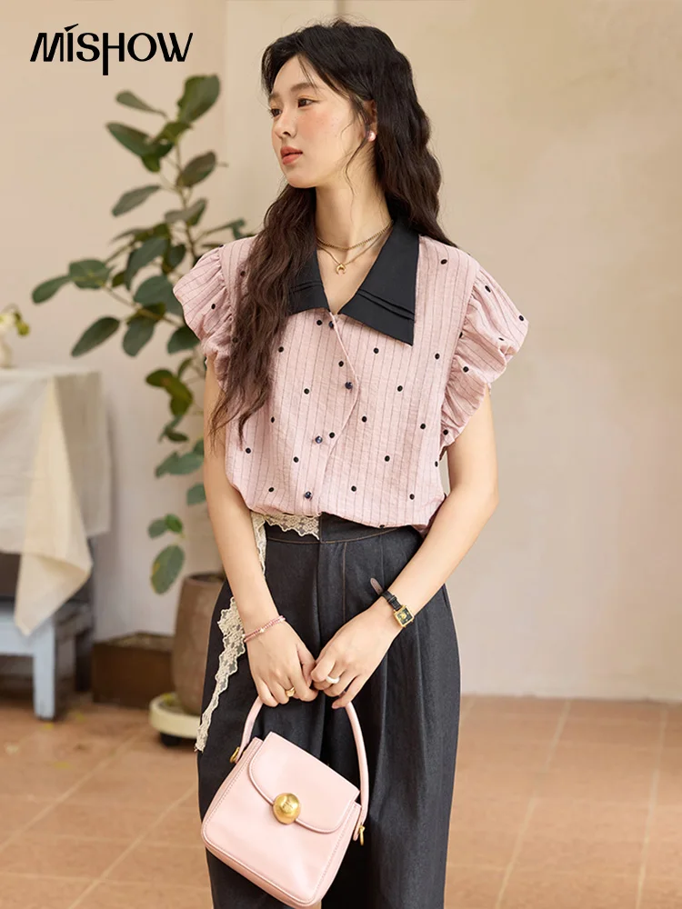 MISHOW Blus Wanita Kantor Musim Panas Wanita 2025 Kemeja Polka Dot Kerah Lipat Lengan Pendek Atasan Ramping Fashion Wanita MXE31C0776