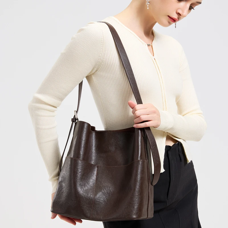 

Новая женская сумка из натуральной вощеной кожи, модная женская сумка из натуральной коровьей кожи, роскошный дизайн, ретро-стиль, большая вместительная сумка