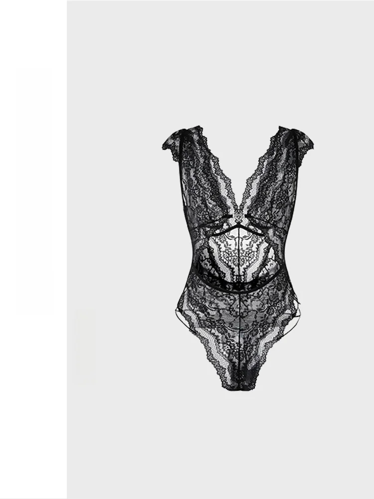 

le De Pinto Women's Sexy Bla Lace Deep V Sp Dr Pure Desire Home Leisure ort Skirt V Ne Summer Seasonal No Sl...