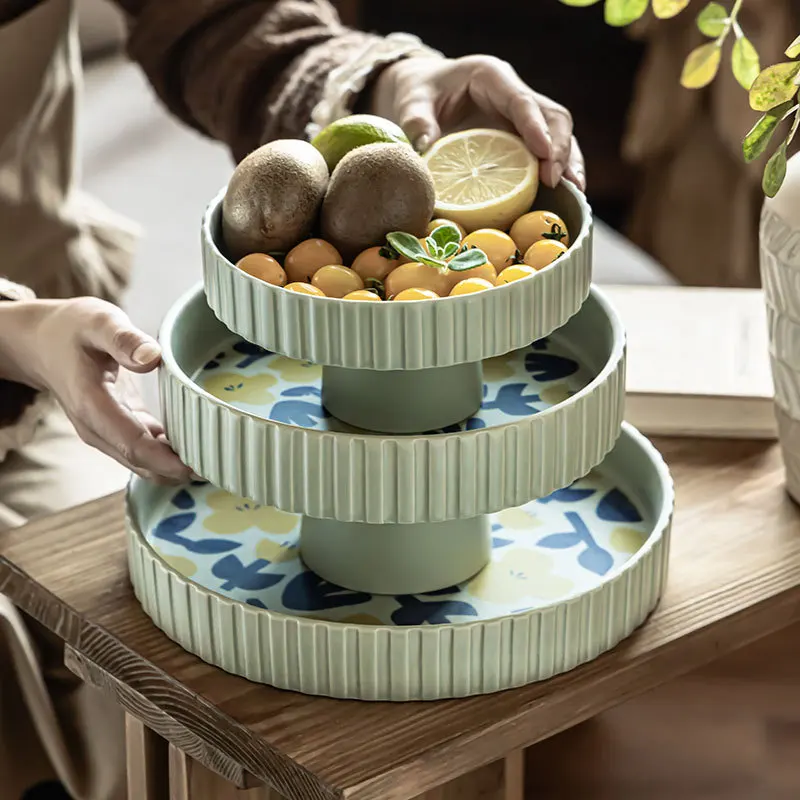 

YFY household ceramic fruit plate New Year's goods tray high foot plate retro high value fruit snack plate living room tea