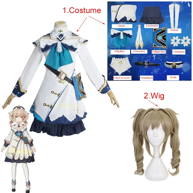 Genshin Impact Barbara Gunnhildr Cosplay Kostüm Halloween Damen Kleid Perücke Kleidung 05Q7DQ6F inklusive Socken Hut Zauberbuch