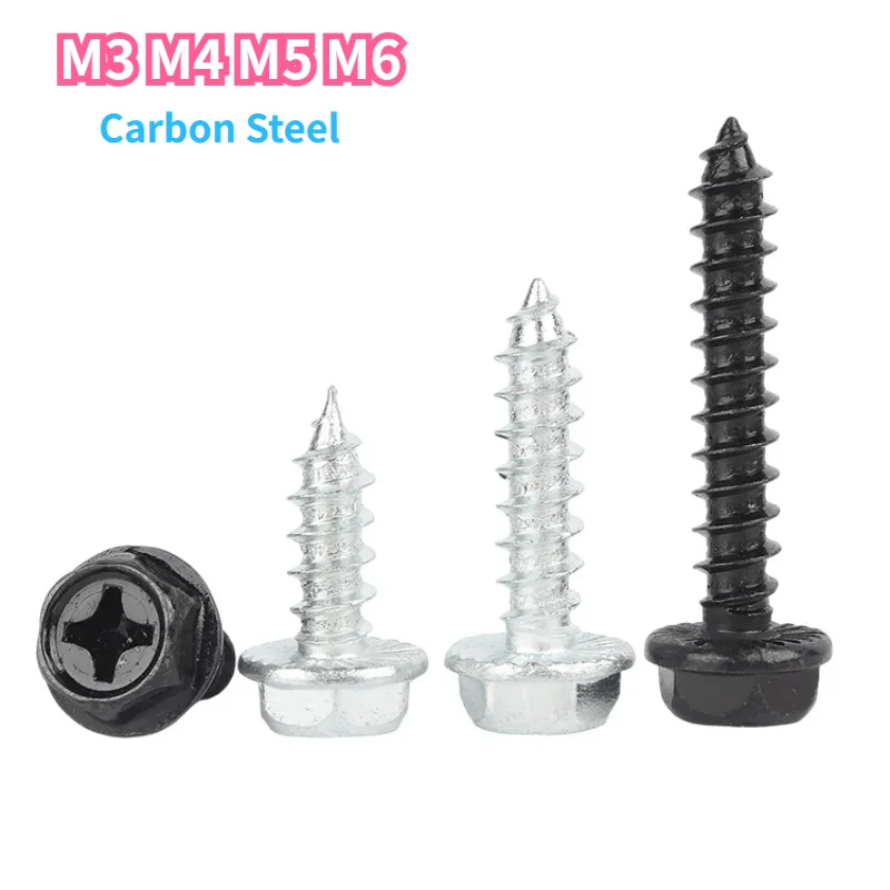 M3 M4 M5 M6 Self-Tapping Phillips Hex Screw Carbon Steel Black/White Zinc Cross Hexagonal Flange Cross Head Screws Wood Nail