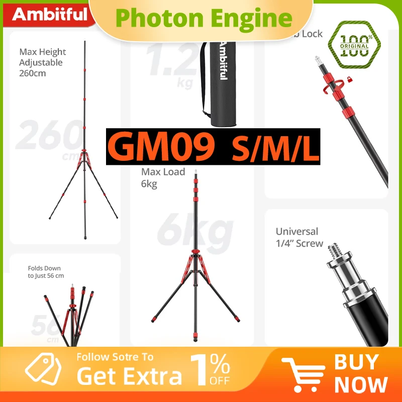 Support d'éclairage pliable Ambitful 2.2M 2.6M 3.2M avec vis 1/4, modèle GM09, trépied en alliage d'aluminium pour éclairage LED de studio, flash et boîte à lumière.