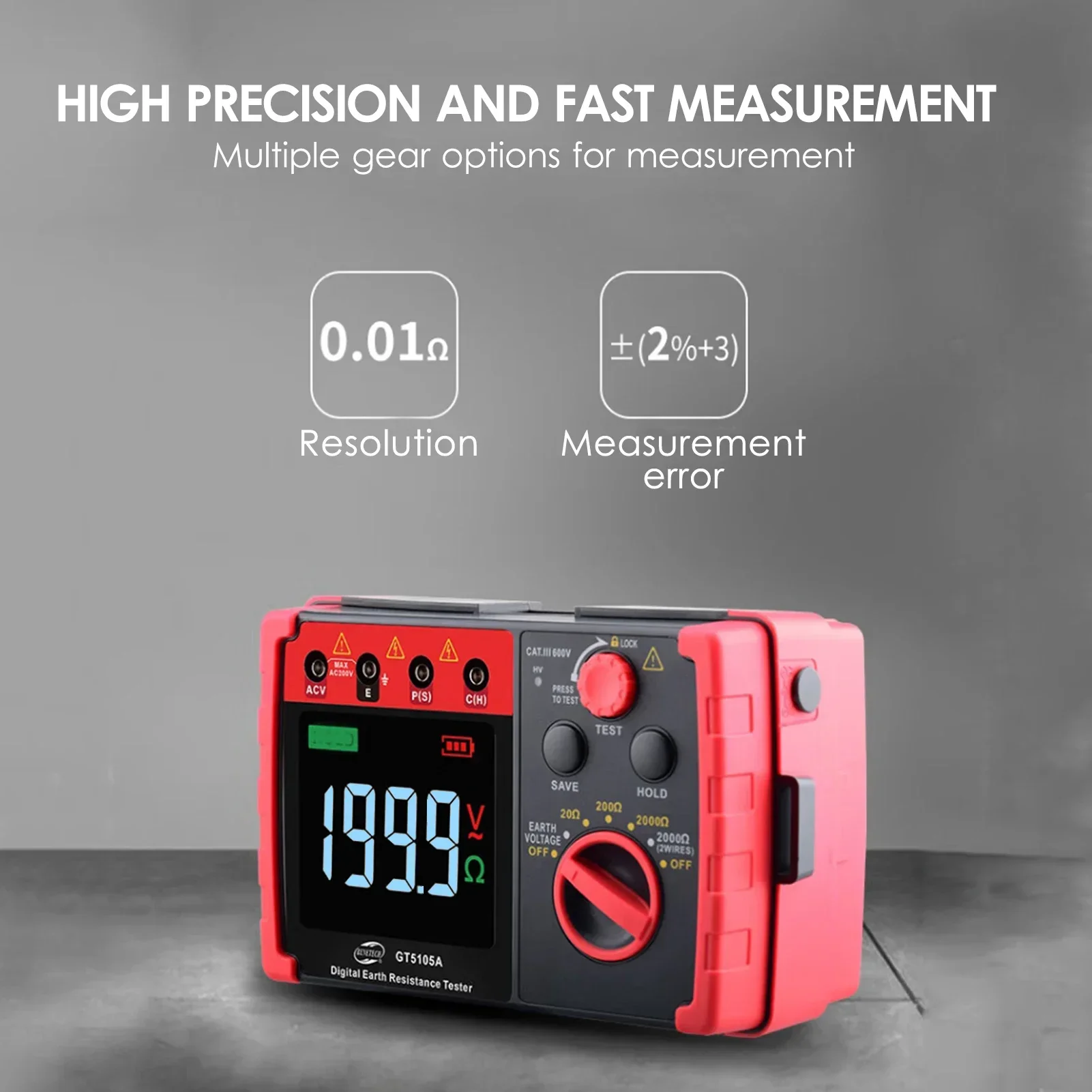 BENETECH GT5105A Cyfrowy miernik rezystancji uziemienia 2000 Megaomów Megomierz Woltomierz Tester uziemienia Wykrywacz baterii