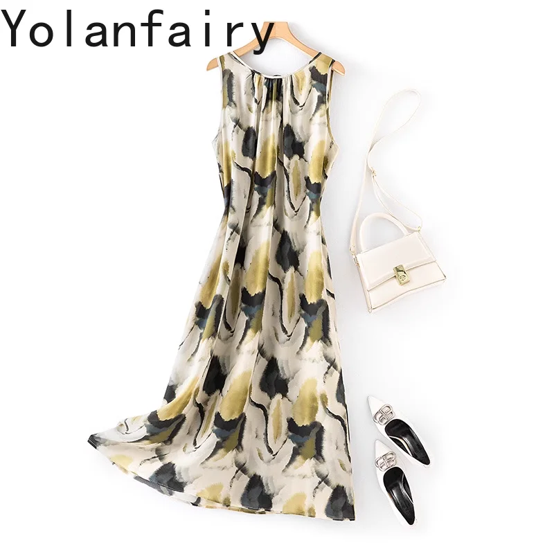 

YOLANFAIRY 100% Real Mulberry Silk Dress for Woman Summer Sleeveless Oversized Women's Dresses Ink-printed Casual Ladies Dresses