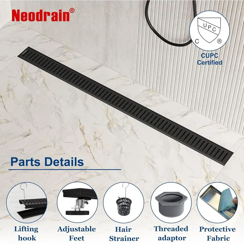 36 Matte Black Linear Shower Drain with Removable Grate, 304 Stainless Steel, CUPC Certified, Hair Strainer Included