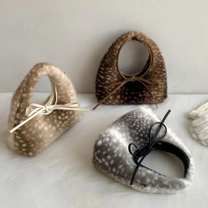 

Winter Deer Spot Pattern Hairy Handbag For Women, Cute Bow Plush Chain Shoulder Crossbody Bag，simple Daily Sense Handheld Wallet