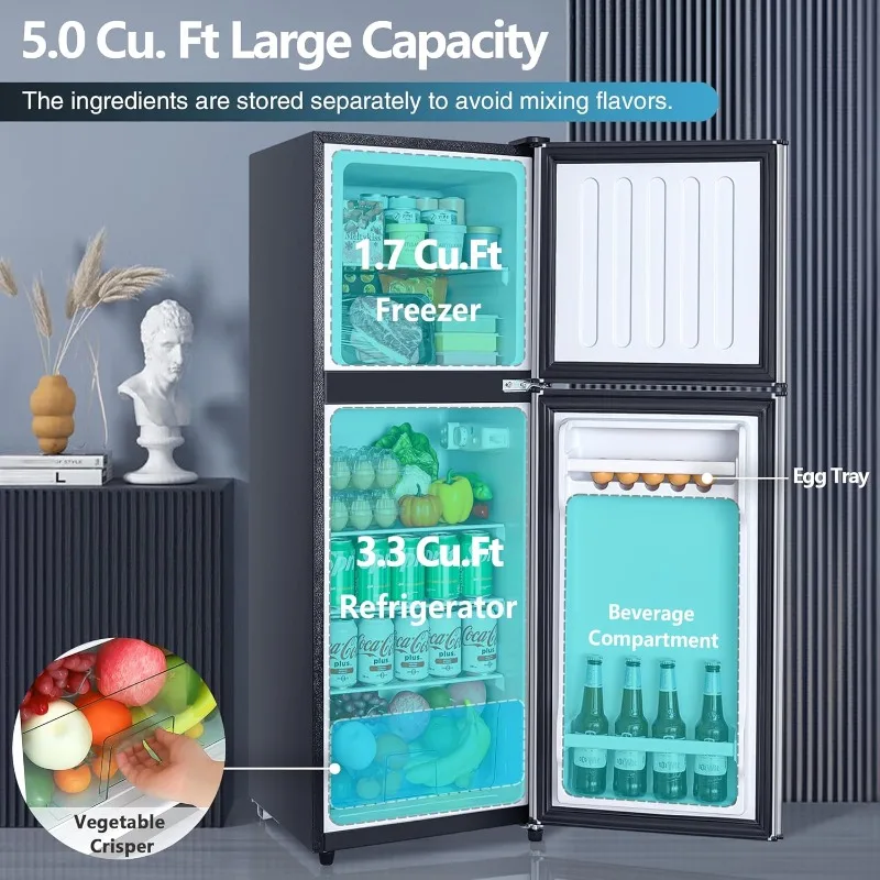 ثلاجة 5.0 قدم مكعب مع فريزر، ثلاجة بباب مزدوج مع 7 إعدادات لدرجة الحرارة قابلة للتعديل، ثلاجة صغيرة لمكتب النوم